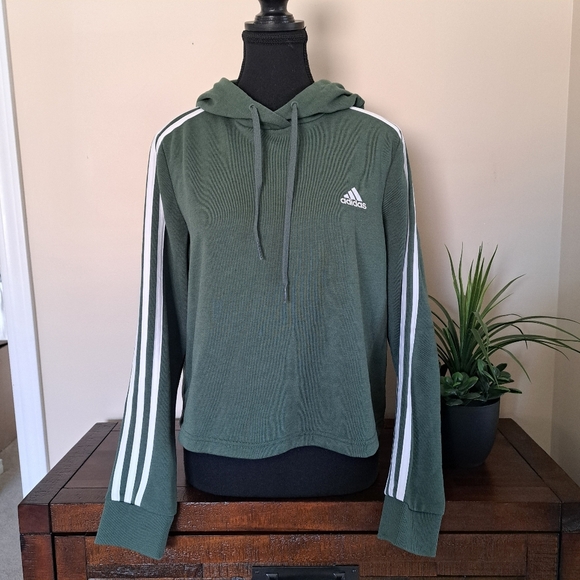 Adidas Cropped Hoodie Green with White Stripes Women's Size Medium 3 Stripe - Picture 1 of 11